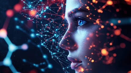 Close up of a womans face featuring blue eyes with a network of connected lines overlaying the image