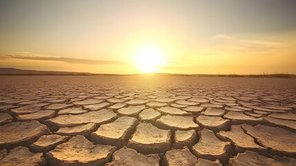 Sunset over cracked earth, arid landscape, drought (1)