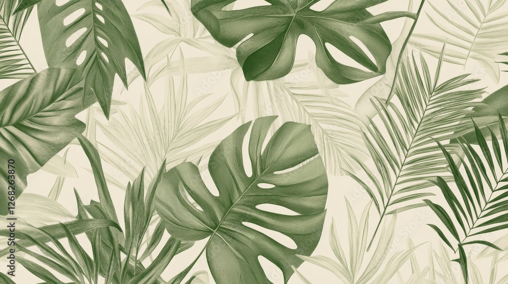 Poster lush green tropical leaves creating a serene backdrop with subtle textures and patterns