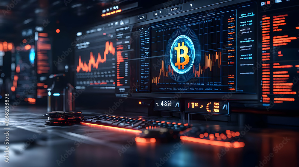 Poster digital bitcoin display on monitor in a modern tech interface