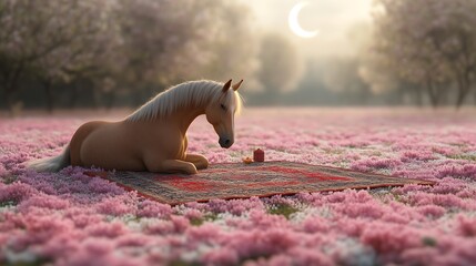 Palomino Horse Rests on a Rug in a Flower Field