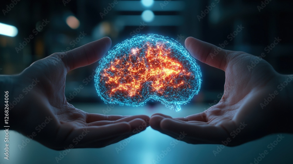 Poster two hands holding a glowing brain with a digital hologram projected between them in a futuristic set