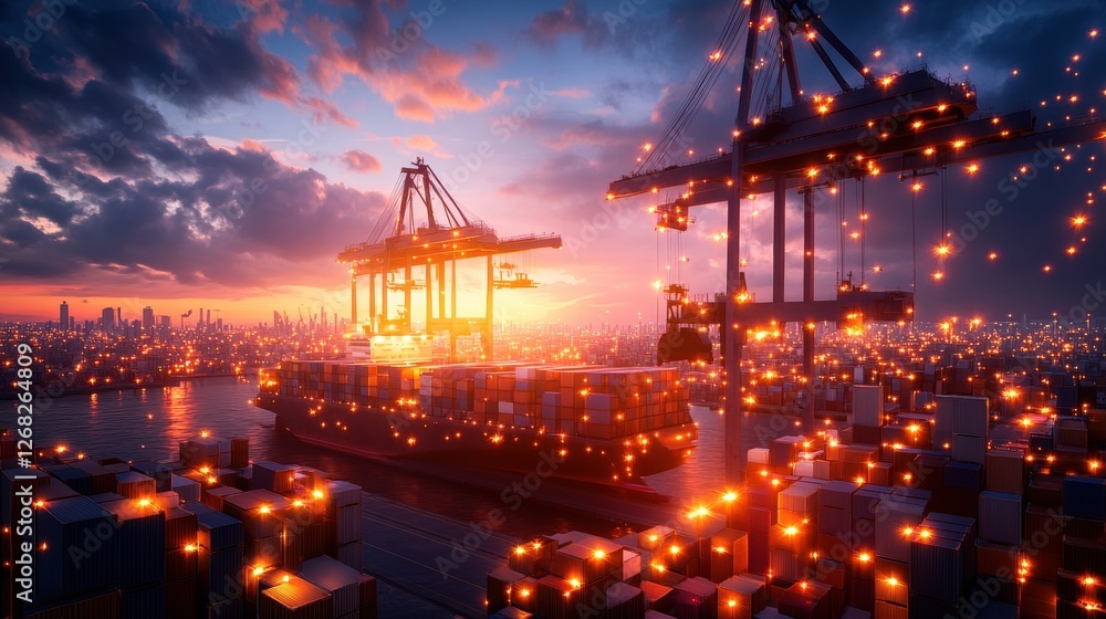 Poster large container ship docked at a futuristic port with advanced technology and infrastructure