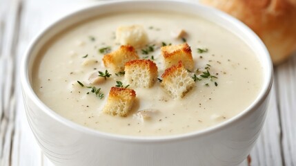 Delicious mushroom cream soup with a thick and creamy consistency, topped with croutons and herbs, placed on a rustic white wooden table.