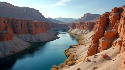 Mountain River Flowing Through Unique Badlands Landscape with Dramatic Scenery and Natural Beauty in a Geological Setting