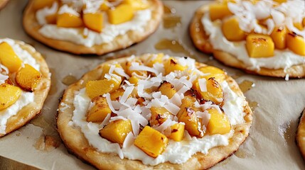 Deliciously sweet grilled fruit pizza with cream cheese, honey, coconut, and juicy peaches. Styled on parchment paper.