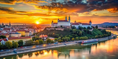 Fototapeta premium Panoramic View of Bratislava, Slovakia: Historic Cityscape and Danube River at Sunset