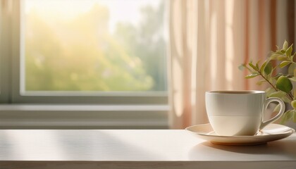 淡いトーンの中、ひとり静かな時間を楽しむコーヒーカップとテーブル
