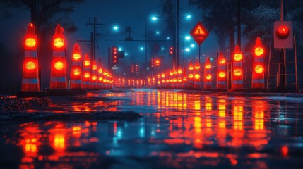 Obraz premium Night roadwork, city street, rain, reflection, cones