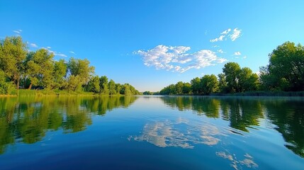 Obraz premium Serene river reflecting sky and trees in calm water