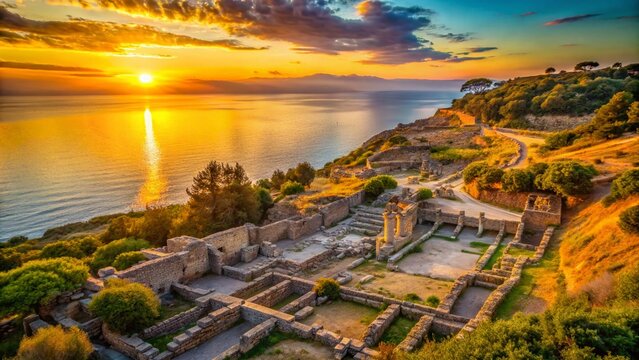 Panoramic View of Kamiros Ancient Greek Ruins Overlooking Aegean Sea