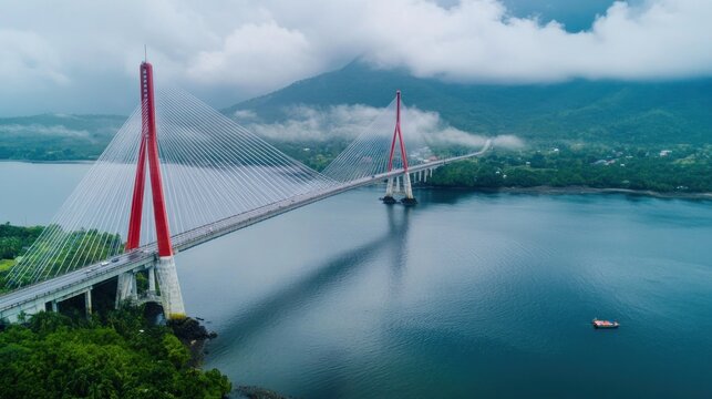 Scenic Aerial View of Iconic Merah Putih Cable Stayed Bridge accross Ambon Bay, Maluku, Indonesia