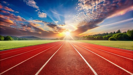 Panoramic View of Red Track Starting Line with Numbered Lanes for Race Competition