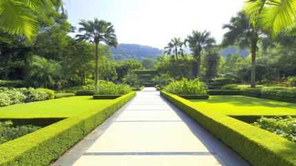 Fototapeta premium A serene garden pathway lined with lush greenery and palm trees.