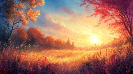 Obraz premium Glistening autumn landscape with radiant sunset and birds silhouette