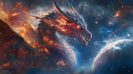 Celestial dragon: a cosmic guardian, radiant with stardust and celestial energy, stands majestic against a backdrop of nebulae and a swirling planet. Celestial Cartographers. Illustration