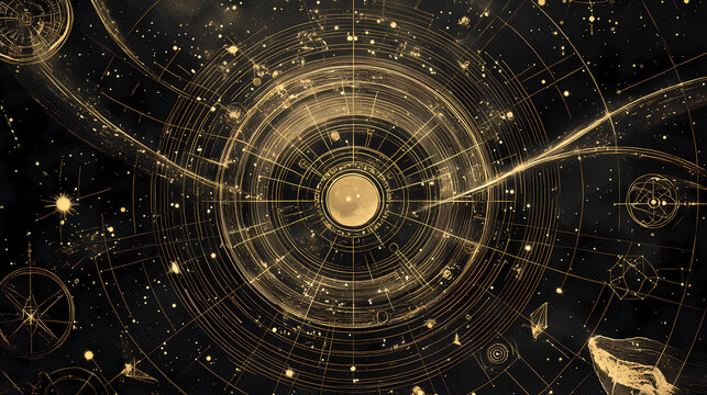 Ancient celestial chart with intricate star map and geometric patterns radiating from a central point, mystic symbols, sacred geometry. Celestial Cartographers. Illustration