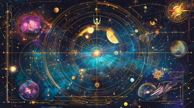 Colorful cosmic natal chart with zodiac signs, planetary positions, and celestial symbols for astrology. Celestial Cartographers. Illustration