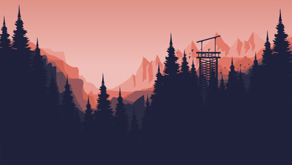 Naklejka premium Silhouette of a watchtower in a mountainous forest landscape vector illustration good for web banner, ads banner, tourism banner, wallpaper, background template, and adventure design backdrop