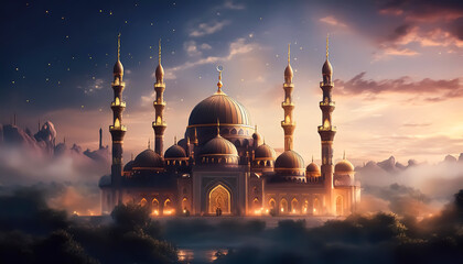 Mosques Dome on dark blue twilight sky and Crescent on background, symbol islamic religion Ramadan and free space for text arabic, Eid al-Adha, Eid al-fitr, Mubarak, Islamic new year Muharram