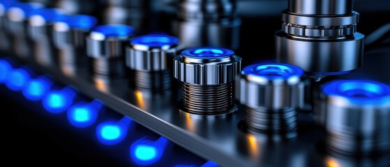 Close-up of blue illuminated buttons on a modern industrial control panel.