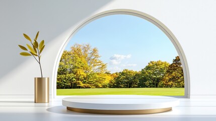 Minimalist platform with autumn scenery visible through arched window