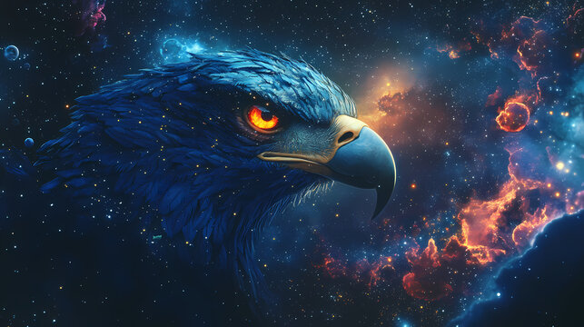 Eagle eyeing cosmic secrets deep space digital surreal environment close-up celestial concept. Celestial Cartographers. Illustration