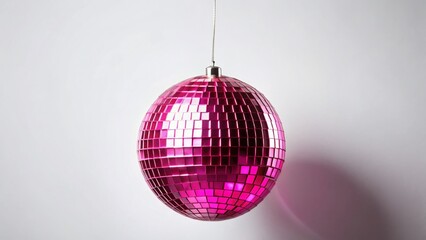 Obraz premium Pink Disco Ball Hanging from White String, White Background - Festive Food Photography Prop
