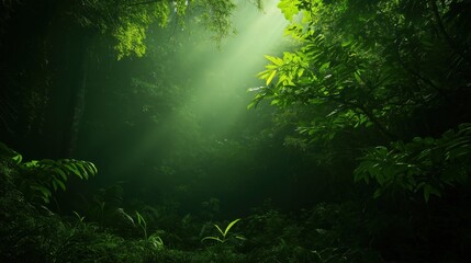 Fototapeta premium Sunlight Filtering Through Lush Green Forest Canopy