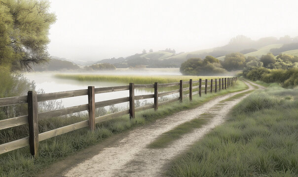 Wooden panel fence alongside a serene river with misty morning fog evokes calm, peaceful nature vibes