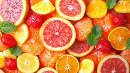 A blend of vibrant mixed fruits with an emphasis on fresh juiciness, no background --chaos 20 --ar 16:9 --quality 2 --v 6.1 Job ID: 7ca27eb7-3d82-4e29-892e-d224f091578f