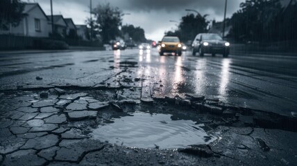 Dramatic Urban Scene of Rainy Road with Pothole, Cars, and Overcast Sky Highlighting Poor Infrastructure and Weather Challenges in a City Environment