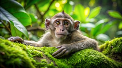 Fototapeta premium Playful Bali Monkey Relaxing in Lush Tropical Forest - Stock Photo