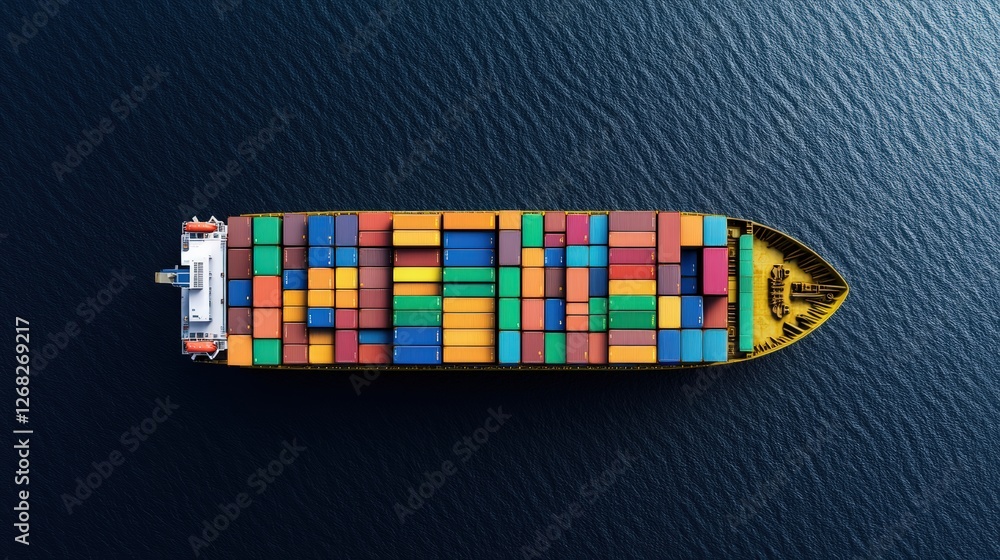 Poster aerial view of a container cargo ship loaded with colorful shipping containers in a busy port