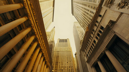 Obraz premium Skyscrapers, Wall Street, financial district, upward view