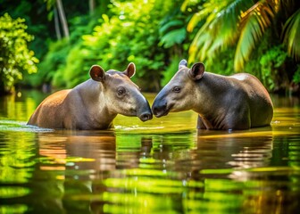 Fototapeta premium Playful South American Tapirs Enjoying a Watery Frolic: Aerial View