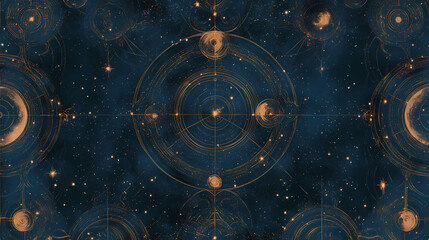 Seamless celestial pattern with intricate constellations, astrology-inspired design. cosmic background, stylized star maps, dark blue tones, mystical. Celestial Cartographers. Illustration