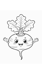 Turnip Vegetable Vegan Food Meal Healthy Coloring Kid Book Page in Black and White. Monochrome and Colored Samples

