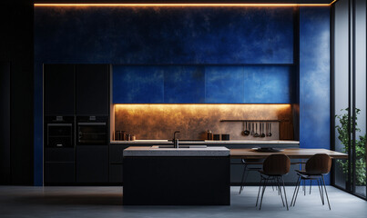 Modern industrial kitchen with cobalt blue wall, blending functional design with bold aesthetic choices for style