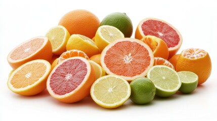 A variety of citrus fruits such as oranges, lemons, limes, and grapefruits, both whole and sliced, no background 