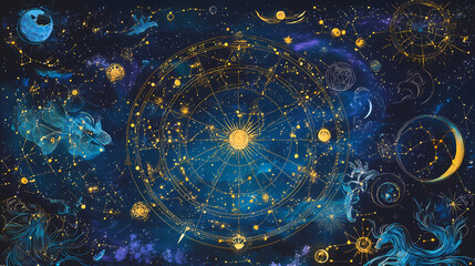 Zodiac signs arranged in a horoscope circle with astrology elements , astrology, horoscope, zodiac, signs, circle, celestial. Celestial Cartographers. Illustration