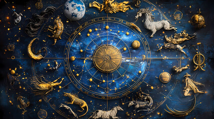 Zodiac signs arranged in a horoscope circle with astrology elements , astrology, horoscope, zodiac, signs, circle, celestial. Celestial Cartographers. Illustration