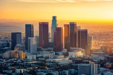 Fototapeta premium modern city skyline at sunset with skyscrapers glowing in warm golden light and urban buildings stretching to the horizon