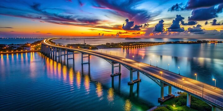 Queen Isabella Causeway Bridge Aerial Blue Hour Port Isabel Texas Sunset