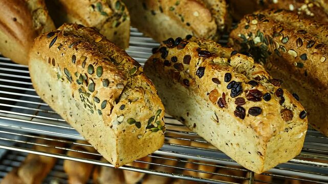 A video showing freshly baked loaves of bread with a mix of seeds cooling on a wire rack, showcasing their texture and crust.
