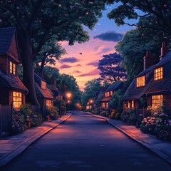 Fototapeta premium Evening street scene, charming houses, twilight, peaceful neighborhood