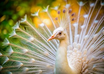 Fototapeta premium Rare Leucistic Peacock: A Documentary Photography Study of Albino Avian Beauty