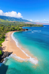 Obraz premium Dramatic drone view of winding beach shoreline with turquoise waters, lush greenery, and mountains in background