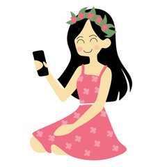 girl holding phone vector illustration