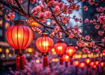 Obraz premium Red Lanterns & Cherry Blossoms in Low Light: Nighttime Festive Bloom
